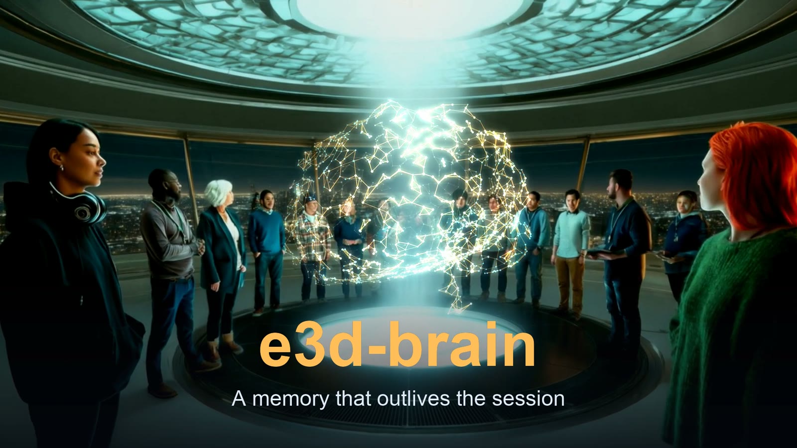 A team of engineers gathered around a glowing holographic brain. Watch the e3d-brain concept film on YouTube.